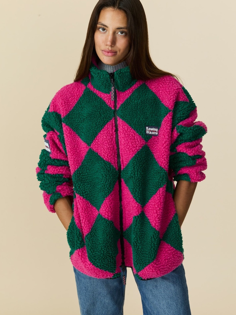 ROWING BLAZERS Harlequin Deep-Pile Sherpa "Jockey" Fleece in Pink/Green | XL